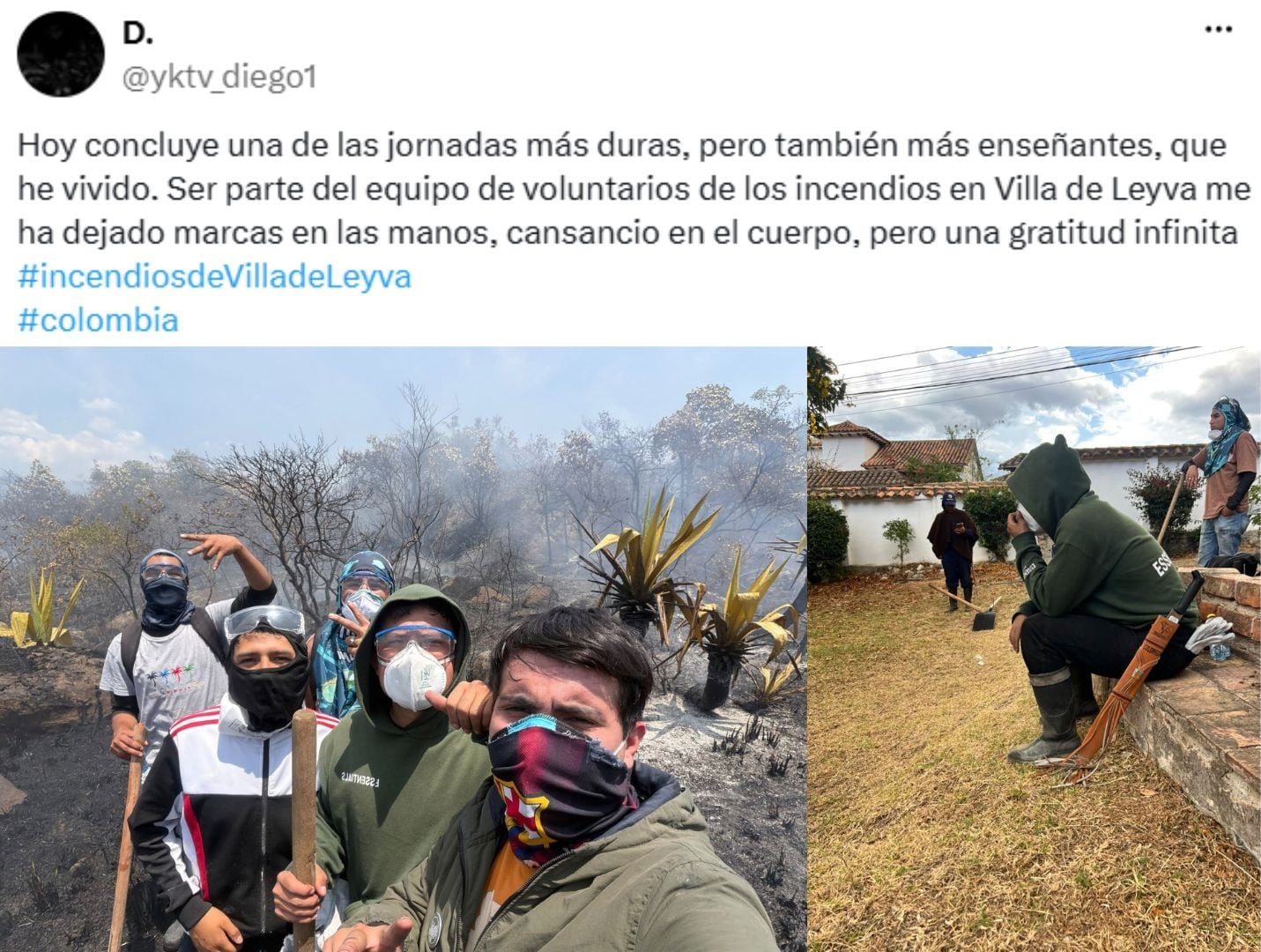Voluntarios participaron en las jornadas de atención de los incendios forestales en Villa de Leyva, Boyacá. - crédito @yktv_diego1/X