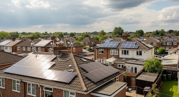 Barrio residencial con tejados de tejas y casas de ladrillo. Múltiples paneles solares y algunas turbinas eólicas pequeñas son visibles, rodeado de árboles bajo un cielo nublado.