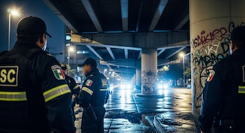 Cuatro policías con uniformes de la SSC de la Ciudad de México y gorras, bajo un puente elevado por la noche, con luces de vehículos y graffiti en un pilar.