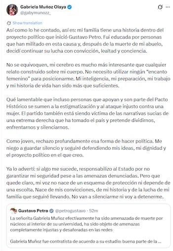 Muñoz también cuestionó a sectores del Pacto Histórico que, según dijo, se han sumado a los señalamientos en su contra y sostuvo que esas narrativas contribuyen a dividir y enfrentar al movimiento político - crédito @gabymunozz_/X
