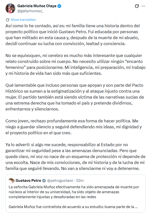 Muñoz también cuestionó a sectores del Pacto Histórico que, según dijo, se han sumado a los señalamientos en su contra y sostuvo que esas narrativas contribuyen a dividir y enfrentar al movimiento político - crédito @gabymunozz_/X