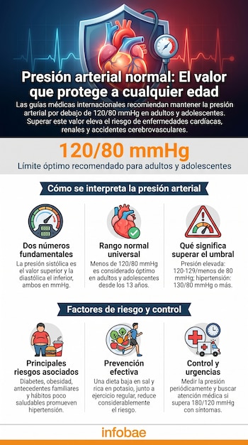 Infografía con título "Presión arterial normal", valor 120/80 mmHg, ilustraciones de corazón, medidor de presión, señal de advertencia, figuras humanas y ambulancia.