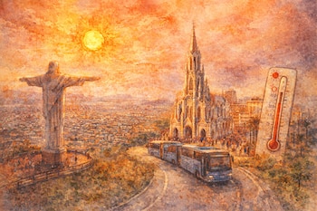 Acuarela de una ciudad con estatua de Cristo, iglesia gótica, autobús articulado, termómetro que marca calor y sol intenso en el cielo.