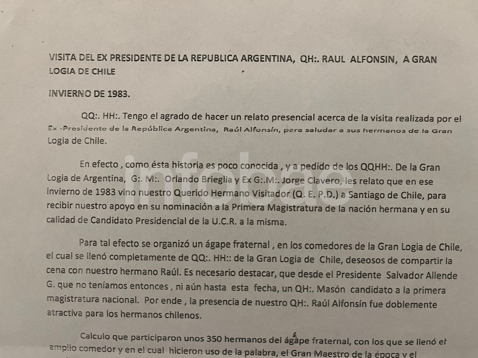 Parte de la carta que da cuenta del paso de Alfonsín por Chile para compartir actividades con