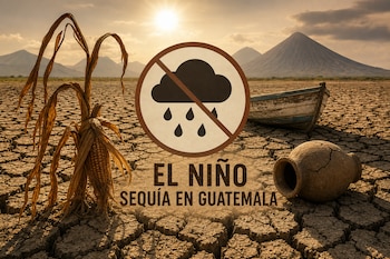 Terreno de tierra seca y agrietada con un maíz seco, un bote de madera, una vasija y un ícono de nube tachada con texto sobre la sequía.