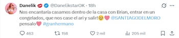 La propuesta de casamiento en Gran Hermano fue difundida por Danelik en X con la idea de entrar en un Congelados
