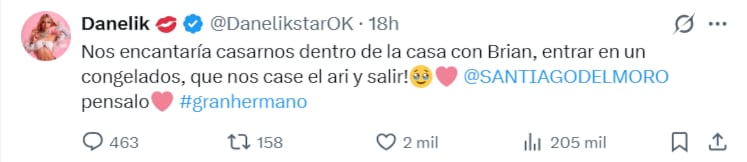 La propuesta de casamiento en Gran Hermano fue difundida por Danelik en X con la idea de entrar en un Congelados