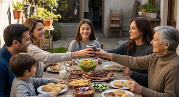 Una familia argentina de cinco personas sentada alrededor de una mesa de madera en un patio. Están sonriendo y compartiendo comida, incluyendo empanadas, ensalada y mate.
