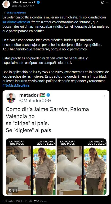 Dilian Francisca Toro exigió freno a la violencia política de género y advirtió sanciones con nueva ley - crédito @DilianFrancisca/X