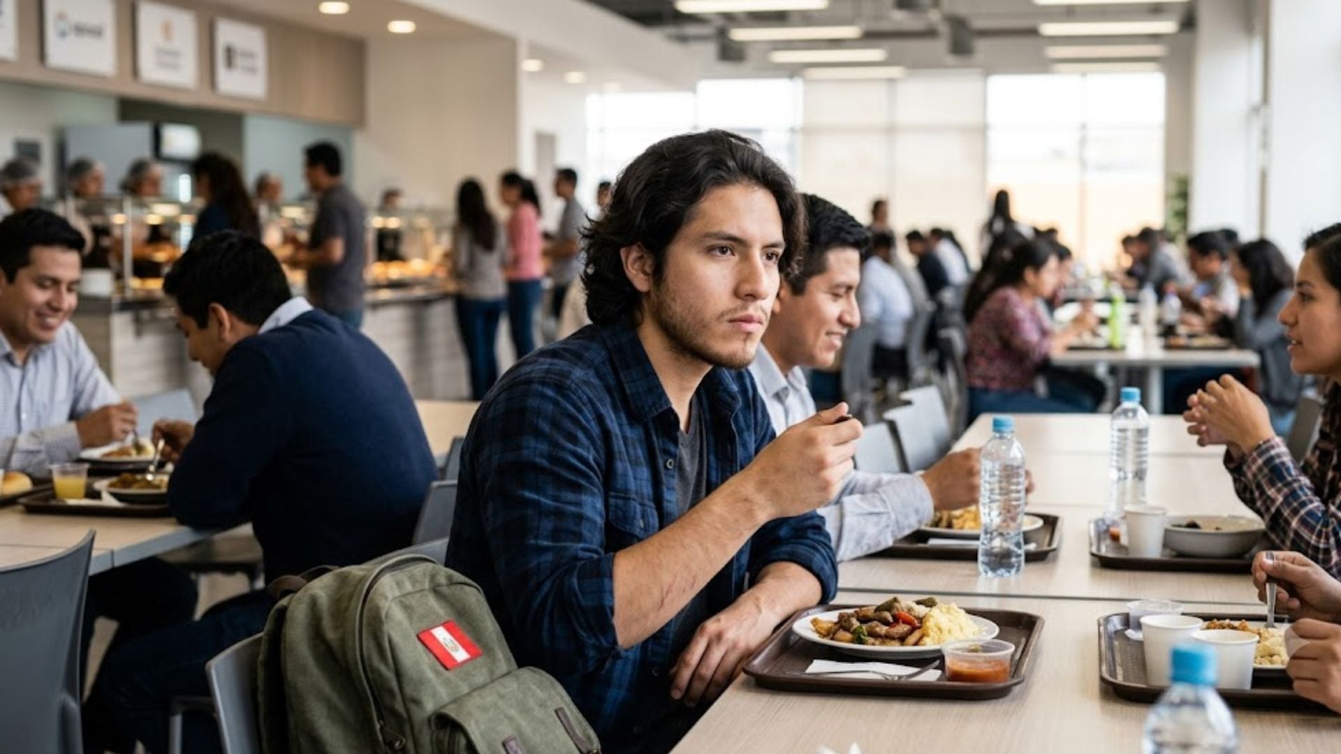 Un joven con camisa a cuadros almuerza en un comedor con otros comensales y un bolso con el emblema de Perú en primer plano. (Imagen Ilustrativa Infobae)