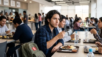 Un hombre con camisa a cuadros azul come en un comedor. Una mochila verde con la bandera de Perú está junto a él. Otras personas comen y se sirven al fondo