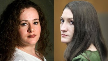 Dos retratos de una mujer de cabello oscuro, el de la izquierda con pelo rizado y prenda blanca, y el de la derecha de perfil con prenda verde