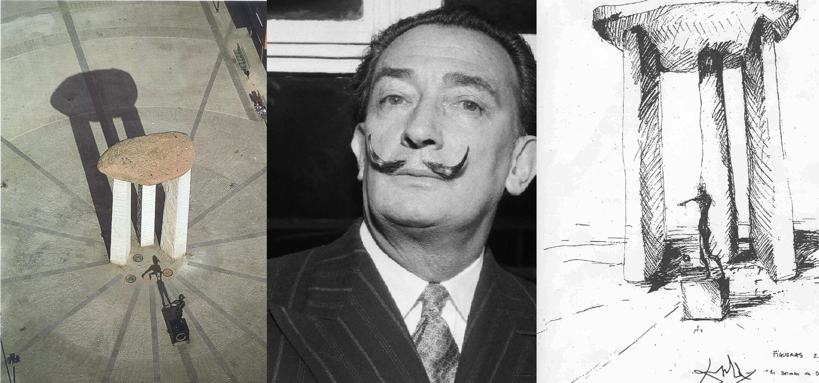 Dalí, con una foto del dolmen con el pavimento original (izquierda) y un boceto del autor