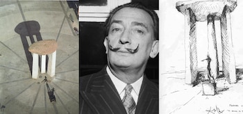Dalí, con una foto del dolmen con el pavimento original (izquierda) y un boceto del autor