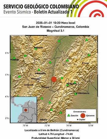 Evento Sísmico - Boletín Actualizado 1, 2025-01-01, 10:20 hora local Magnitud 3.1, Profundidad Superficial (Menor a 30 km), San Juan de Rioseco, Cundinamarca, Colombia - crédito @sgcol / X