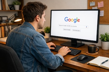 Un hombre de espalda con chaqueta de mezclilla sentado frente a un monitor con Google. Teclado, ratón, taza y cuaderno están sobre el escritorio de madera.