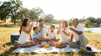 Una familia de seis personas sentada en una manta de pícnic junto a un lago, bebiendo de botellas de agua y vasos, y comiendo sandía y otras frutas.