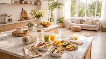 Isla de cocina de mármol con dos tazones de granola y frutas, tabla de cortar con aguacate y mango, jugos, botella de agua y colchoneta de yoga; sala de estar luminosa al fondo.