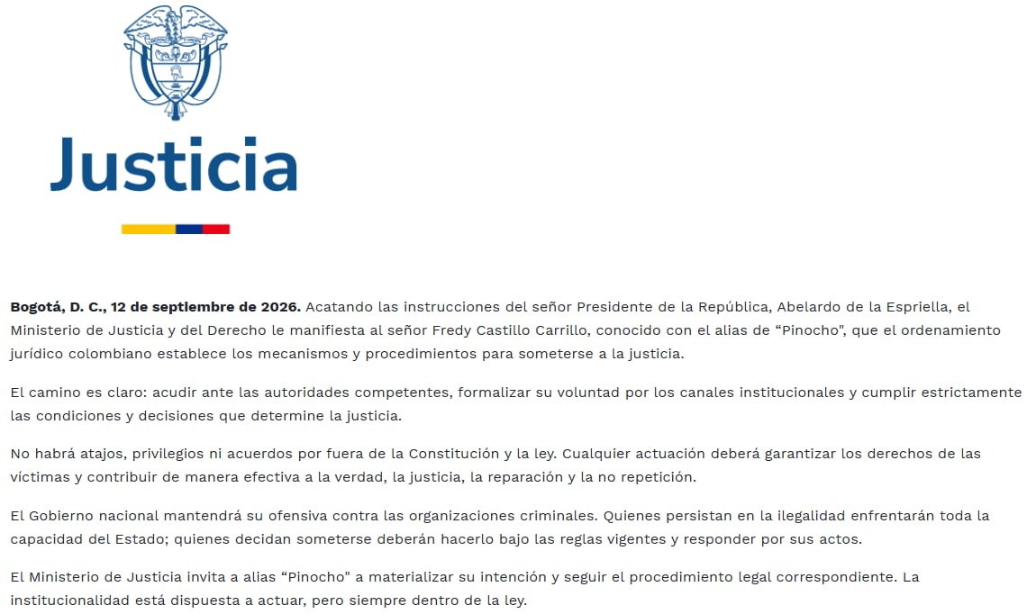 El Ministerio de Justicia señaló que el sometimiento deberá realizarse por los canales institucionales y conforme a la ley. - crédito Ministerio de Justicia