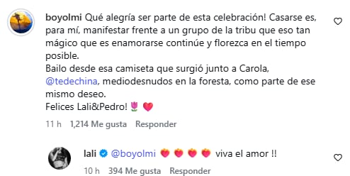 El comentario que le dedicó Boy Olmi a Lali por el homenaje que le dedicaron