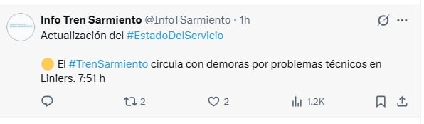 El Tren Sarmiento registra demoras por problemas técnicos en la estación de Liniers (Trenes Argentinos)