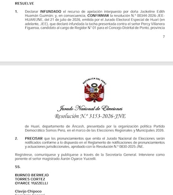 Documento oficial con el escudo de la República del Perú y el texto de una resolución del Jurado Nacional de Elecciones