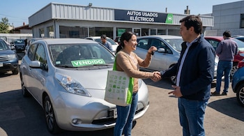 Una mujer con jeans y suéter marrón sonríe mientras recibe las llaves de un auto eléctrico plateado con un cartel de 'VENDIDO' y estrecha la mano de un hombre.