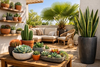 Terraza soleada con varias suculentas y cactus en macetas de distintos tamaños sobre una mesa y estantes. Incluye una planta Sansevieria y una palma abanico.