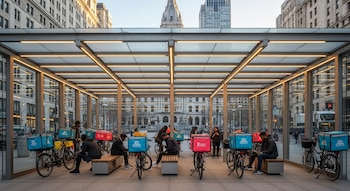 Un refugio moderno y luminoso con techo, columnas y paredes de cristal alberga a repartidores sentados junto a sus bicicletas eléctricas frente al Ayuntamiento de Nueva York.