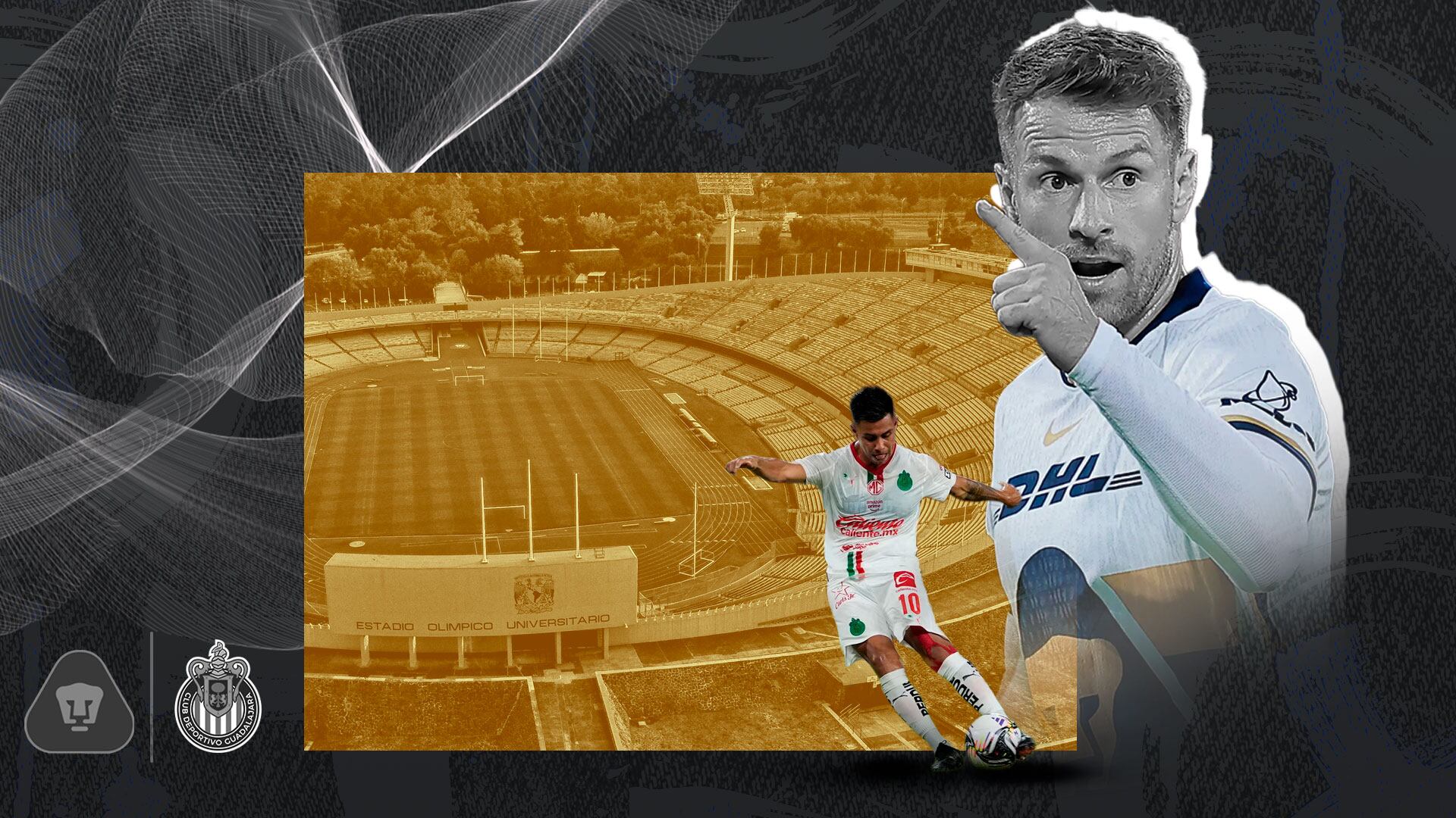 Pumas llega golpeado tras perder 4-1 ante América y se mantiene en la décima posición con 13 puntos, mientras que Chivas suma dos victorias consecutivas, incluyendo el Clásico Nacional, y ocupa la novena posición con 14 unidades; (Ilustración: Jovani Pérez)