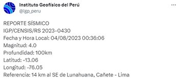 Sismo en Cañete (Fuente: Twitter de IGP)