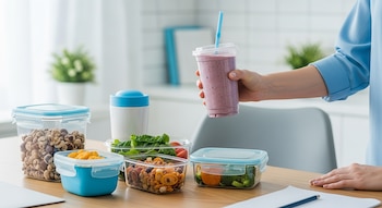 Mano de mujer sostiene batido morado con pajita. Sobre mesa de madera, contenedores con frutos secos, snacks, ensalada, brócoli y naranja.
