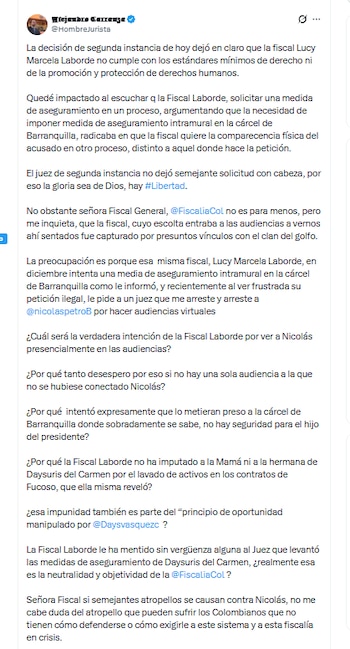 El abogado Alejandro Carranza aseguró que la fiscal Laborde no actúa con la objetividad que debe caracterizar a la Fiscalía - crédito @HombreJurista/X