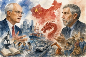Ilustración en acuarela con los rostros de Michael Porter y Paul Krugman junto a un mapa de China, un dragón, un buque de carga y automóviles.