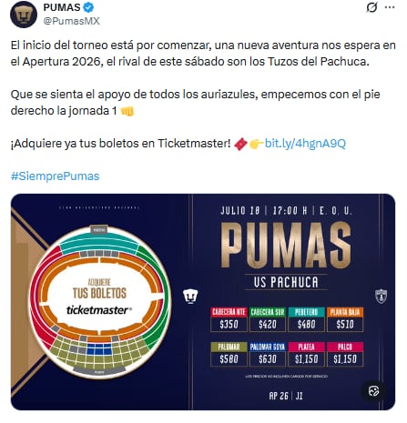 Los nuevos precios en el Estadio Olímpico Universitario presentan un aumento de 66% en la localidad más accesible. (X/ @PumasMX)