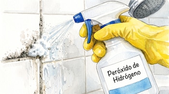 Una mano con guante amarillo rocía peróxido de hidrógeno con pulverizador hacia el moho en los azulejos.