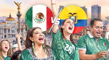 Ilustración de personas que celebran, vestidas con camisetas de la selección mexicana, con banderas de México y Ecuador, y edificios de la Ciudad de México.