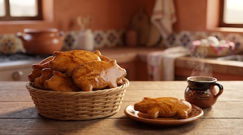 Canasta de mimbre y plato de barro con panes con forma de cerdo, junto a una taza de café humeante sobre una mesa de madera rústica.