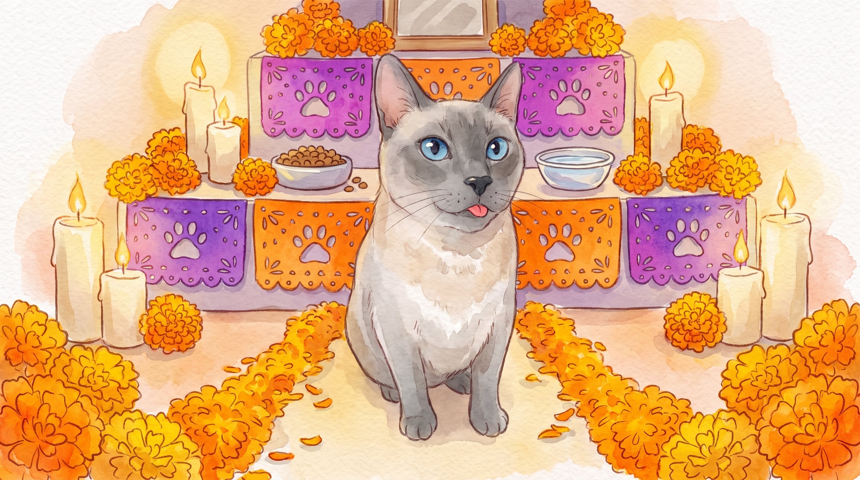 Un gato siamés permanece sentado frente a una ofrenda de Día de Muertos decorada con flores de cempasúchil, velas encendidas, alimento y papel picado. (Imagen Ilustrativa Infobae)