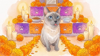 Ilustración de un gato siamés ante un altar con flores de cempasúchil, velas encendidas, alimento y papel picado morado.