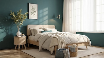 Un dormitorio moderno con paredes verdes azuladas, cama de madera clara, ropa de cama beige, mesita de noche de mimbre, planta, lámpara de pared y ventana con cortinas blancas.