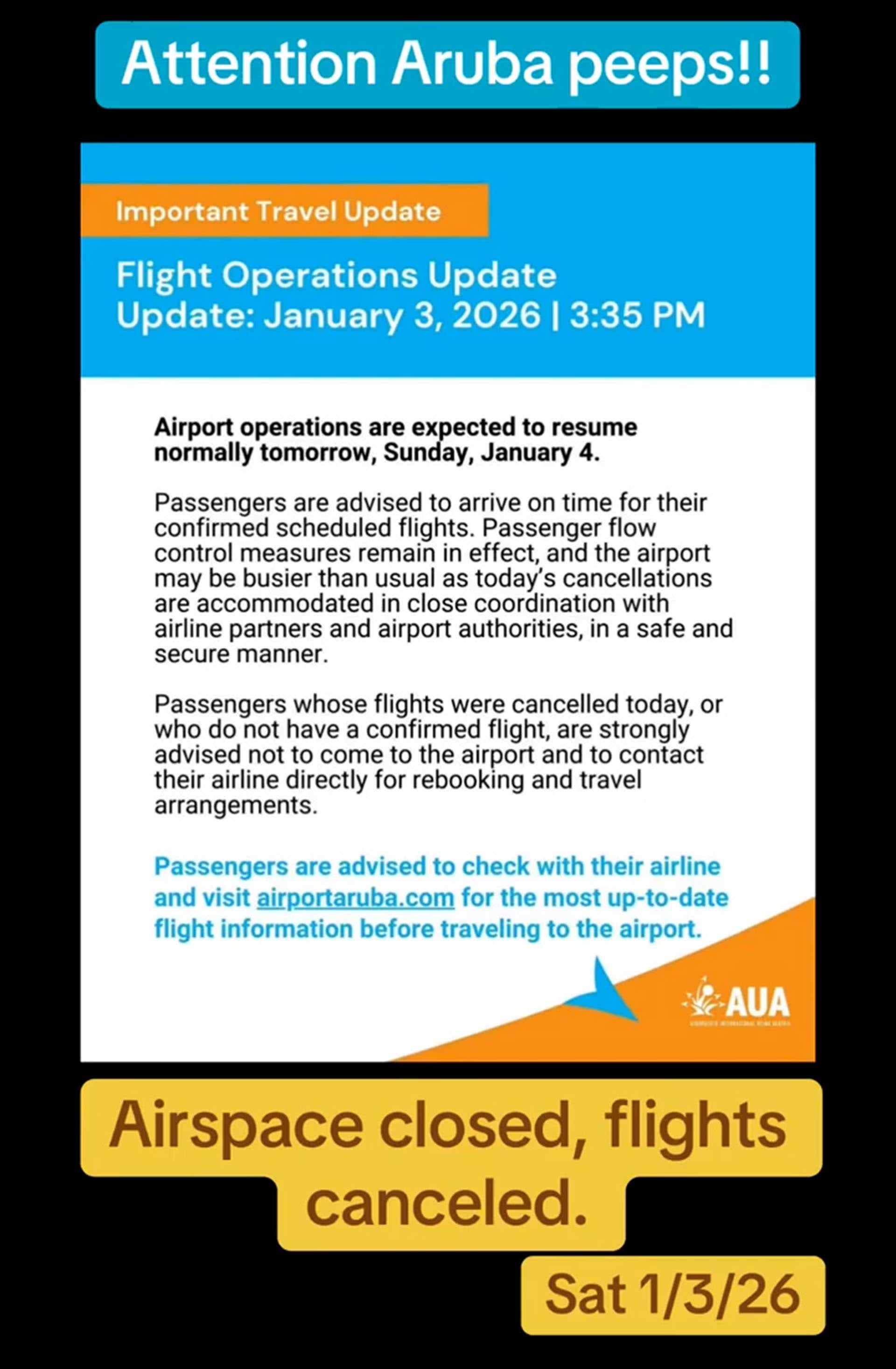 Comunicado oficial del Aeropuerto Internacional de Aruba sobre la cancelación de todas sus operaciones el sábado 4