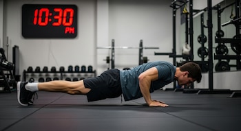 Hombre joven haciendo flexiones en el suelo de un gimnasio. Un reloj digital rojo en la pared trasera muestra las 10:30 PM.