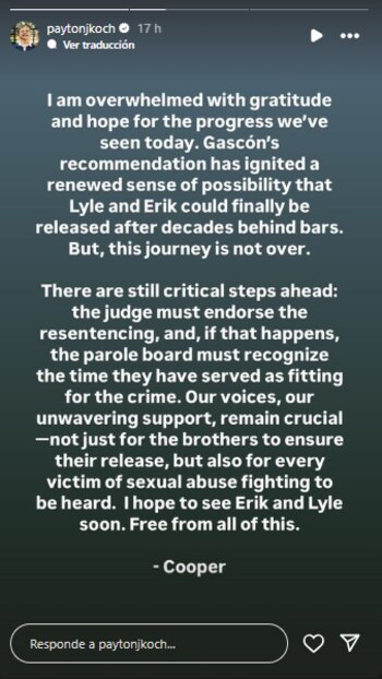 Aunque aún queda un camino largo para la liberación de los hermanos Menendez, Cooper Koch considera que el apoyo que se ha mostrado en redes ha sido clave para que las víctimas de abuso sexual recuperen su voz
(Créditos: Instagram/Payton Coch