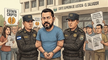 Dos agentes de la PNC de El Salvador escoltan a un hombre esposado. Detrás hay una multitud con carteles "Estafa Cripto" y periódicos.