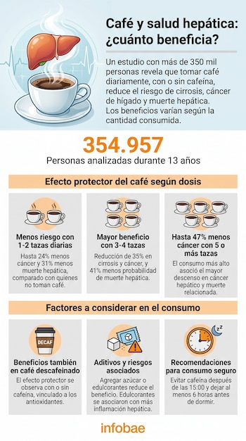 Infografía sobre el café y la salud hepática con una ilustración de un hígado y una taza de café, acompañada de datos estadísticos y recomendaciones.