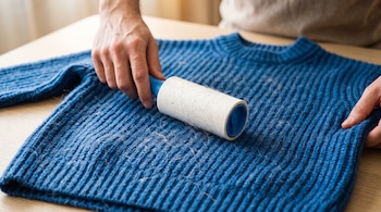 Manos de una persona pasan un rodillo quitapelos adhesivo blanco sobre un suéter de punto azul extendido sobre una mesa.