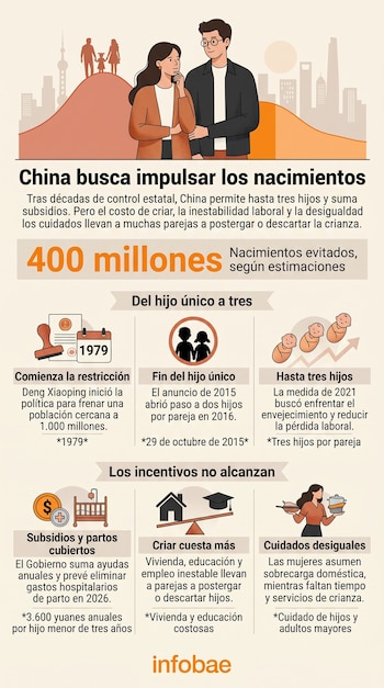 Infografía con ilustraciones de una pareja, iconos cronológicos sobre natalidad en China, gráficos de costos y el logotipo de Infobae.