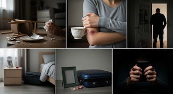 Mosaico de seis fotos: mano con pañuelo sobre plato roto, brazo con hematoma, hombre en puerta, maleta junto a cama, maleta y marco, manos con móvil oscuro.