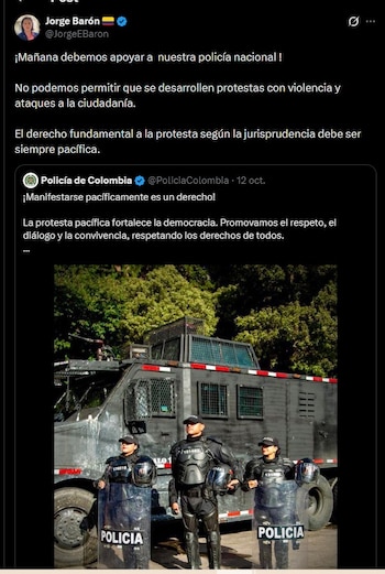 Barón Jr. solicitó respaldo para la Policía Nacional en una publicación previa a la jornada de marchas - crédito @JorgeEBaron / X
